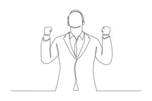 Continuous one line drawing businessman hand rise up and victory expression. Business success concept. Single line draw design vector graphic illustration.