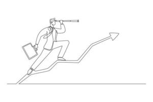 Continuous one line drawing businessman with telescope climb up on the arrow graph. Business success concept. Single line draw design vector graphic illustration.