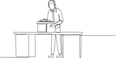 Continuous one line drawing Employee holding personal belongings in their resign box from the table. Human resources concept. Single line draw design vector graphic illustration.