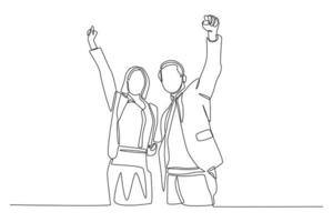 Continuous one line drawing Happy Businessman and team raise up hand for achievement together. Business success concept. Single line draw design vector graphic illustration.