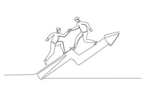 Continuous one line drawing businessman holding hand with employee climbing up on the arrow graph. Business success concept. Single line draw design vector graphic illustration.
