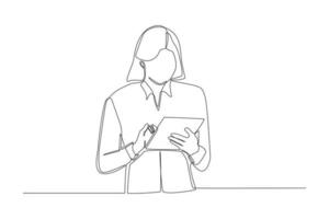 Single one line drawing Business woman checking list to do in note. Continuous line draw design graphic vector illustration.