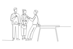 Continuous one line drawing business team discussing about management project in office. Communication and Project management concept. Single line draw design vector graphic illustration.