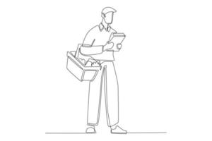 One continuous line drawing of man with basket checking shopping list in note. Shopping Mall concept. Single line draw design vector graphic illustration.