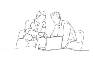 Continuous one line drawing business team discussing about management project with laptop in office. Communication and Project management concept. Single line draw design vector graphic illustration.