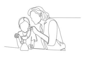 dibujo continuo de una línea padre madre con hijo hija haciendo pruebas químicas en la cocina de casa. concepto científico. ilustración gráfica vectorial de diseño de dibujo de una sola línea. vector