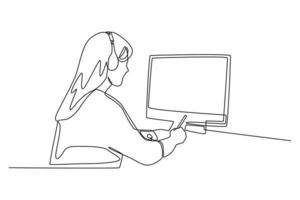 Single one line drawing young woman studying and listening to lecture, watching webinars and writing notes looking at laptop. Continuous line draw design graphic vector illustration.