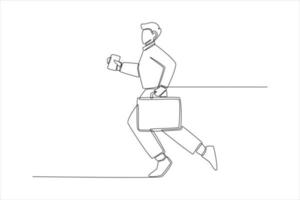 Single one line drawing the passenger with suitcase run at the airport because he was late. Airport activity concept. Continuous line draw design graphic vector illustration.