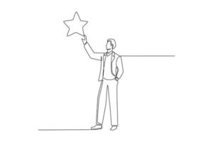 Continuous one line drawing businessman rising up hand reaching grab precious star. Career path or dream job concept. Single line draw design vector graphic illustration.