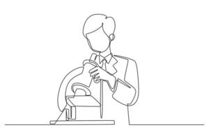 Continuous one line drawing Young scientist or researcher in protective workwear studying new virus in microscope. Scientist concept. Single line draw design vector graphic illustration.