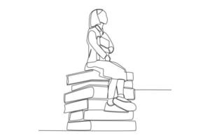 Continuous one line drawing little girl student sitting on the pile of books. Back to school concept. Single line draw design vector graphic illustration.