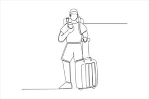 Single one line drawing traveler man standing with suitcase and bag on back. Airport activity concept. Continuous line draw design graphic vector illustration.