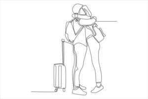 Single one line drawing couple with their bags hug farewell at the airport.. Airport activity concept. Continuous line draw design graphic vector illustration.