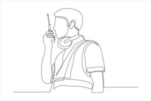 Single one line drawing Airport Ground Worker Man Communicating Over Walkie Talkie about Airspace Security at the airport. Airport activity concept. Continuous line draw vector illustration.