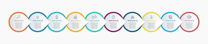 plantilla de infografía empresarial mínima. Línea de tiempo con 10 pasos, opciones e íconos de marketing. Infografía lineal vectorial con dos elementos conectados en círculo. puede ser utilizado para la presentación. vector