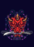 Demon oni mask with katana sword and sacred geometry pattern vector