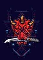 Demon oni mask with katana sword and sacred geometry pattern vector