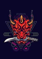 Demon oni mask with katana sword and sacred geometry pattern vector