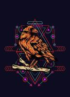 cuervo, pájaro cuervo, ilustración vectorial con patrón de geometría sagrada para el diseño de camisetas vector