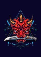 Demon oni mask with katana sword and sacred geometry pattern vector