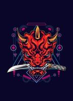 Demon oni mask with katana sword and sacred geometry pattern vector