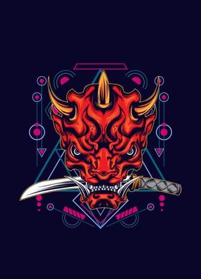 Demon oni mask with katana sword and sacred geometry pattern