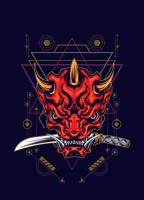 Demon oni mask with katana sword and sacred geometry pattern vector