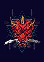 Demon oni mask with katana sword and sacred geometry pattern vector