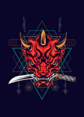Demon oni mask with katana sword and sacred geometry pattern