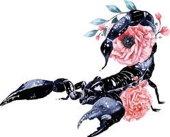 Watercolor scorpion with blooming flowers. Astrology Scorpio zodiac sign.Dangerous poisonous animals. vector