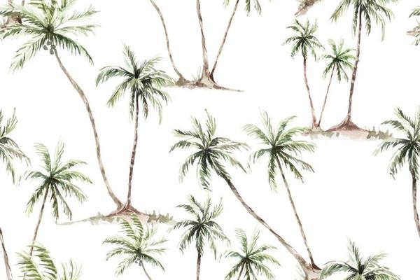 Seamless pattern coconut tree drawing watercolor.Tropical vintage palm trees  and sea for design fabric patterns and wallpapers.Patterns botanical for summer.