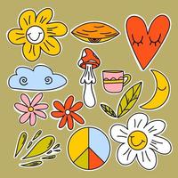Sticker set of 70s, 80s, 90s clipart. 1970 vibes. Peace Sign, Mushrooms, groovy trippy daisy. 70s vibes background vector