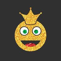 Golden glitter emoji icon with crown on black background. Emoticons sticker king. Luxury emoji symbol for social media, blog or chat. Isolated vector illustration