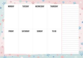 Stylish weekly planning template with notes on stars background. Twinkle stars in blue, pink and glitter color. Modern organizer design. Vector illustration