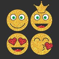 Set of golden glitter emoji icon on black background. Emoticons sticker with kiss and smile. Luxury emoji collection for social media, blog or chat. Isolated vector illustration