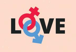 LOVE text with female and male sex symbol. Creative card or romantic banner with gender icon. Valentine's day concept. Vector illustration