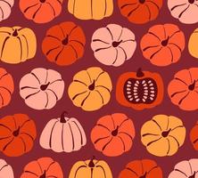 Seamless pattern with hand drawn pumpkin in cartoon style. Flat  background of pumpkins and squash on burgundy background. Autumn texture for thanksgiving, harvest and halloween. Vector Illustration