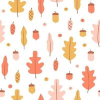 Seamless pattern with hand drawn forest elements in flat style. Flat background leaves, acorn, berries and bump. Autumn vector illustration