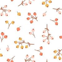 Seamless pattern with hand drawn branch berry in cartoon style. Flat background of currant isolated on white background. Autumn texture with cute branch. Vector Illustration