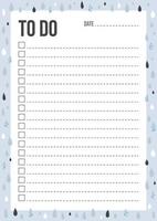 Cute To Do List template with check and place for thing and date in Scandinavian style. Blank planner with notes on background with blue and glitter rain. Stylish organizer design. Vector illustration