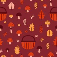 Seamless pattern with hand drawn forest elements in cartoon style on red background. Autumn vector illustration