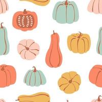 Seamless pattern with hand drawn cute pumpkin in cartoon style. Flat pastel background of pumpkins and squash. Autumn texture for thanksgiving, harvest and halloween. Vector Illustration