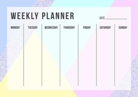 Colorful weekly planning template with place for thing and date on geometric background. Blank planner with notes in holographic glitter color. Stylish organizer design. Vector illustration