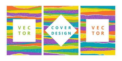 Set of abstract banner on striped texture with cut rainbow stripes and confetti. Modern design template for poster flyer, kid flyer and branding design. Vector illustration