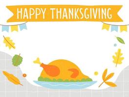 Hand drawn Happy Thanksgiving Day banner with copy space. Holiday greeting card with turkey. Fall colorful leaves and lettering Thanksgiving on liquid background. Vector illustration