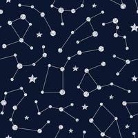 Blue seamless pattern with silver glittering constellations. Star background and zodiac constellations on dark background.