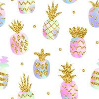 Seamless pattern of holographic pineapple with gold glitter texture. Creative stylish background, trendy gradient. Vector illustration
