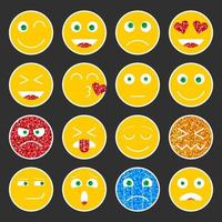 Set of colorful emoji sticker with glitter effect. Luxury emoji icons in flat style. Isolated vector illustration on black background.