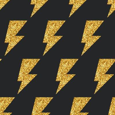 Creative seamless pattern with gold glitter lightning. Stylish greeting background with power sign, golden thunder bolt. Vector illustration