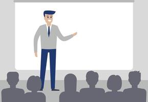 Speaker man talk with to audience on conference. Business seminar concept for presentation. Vector illustration flat style